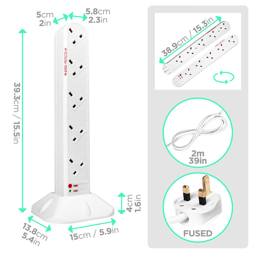 Duronic ST10W extension tower 10 sockets dimensions height, length, width with UK plug 2m length