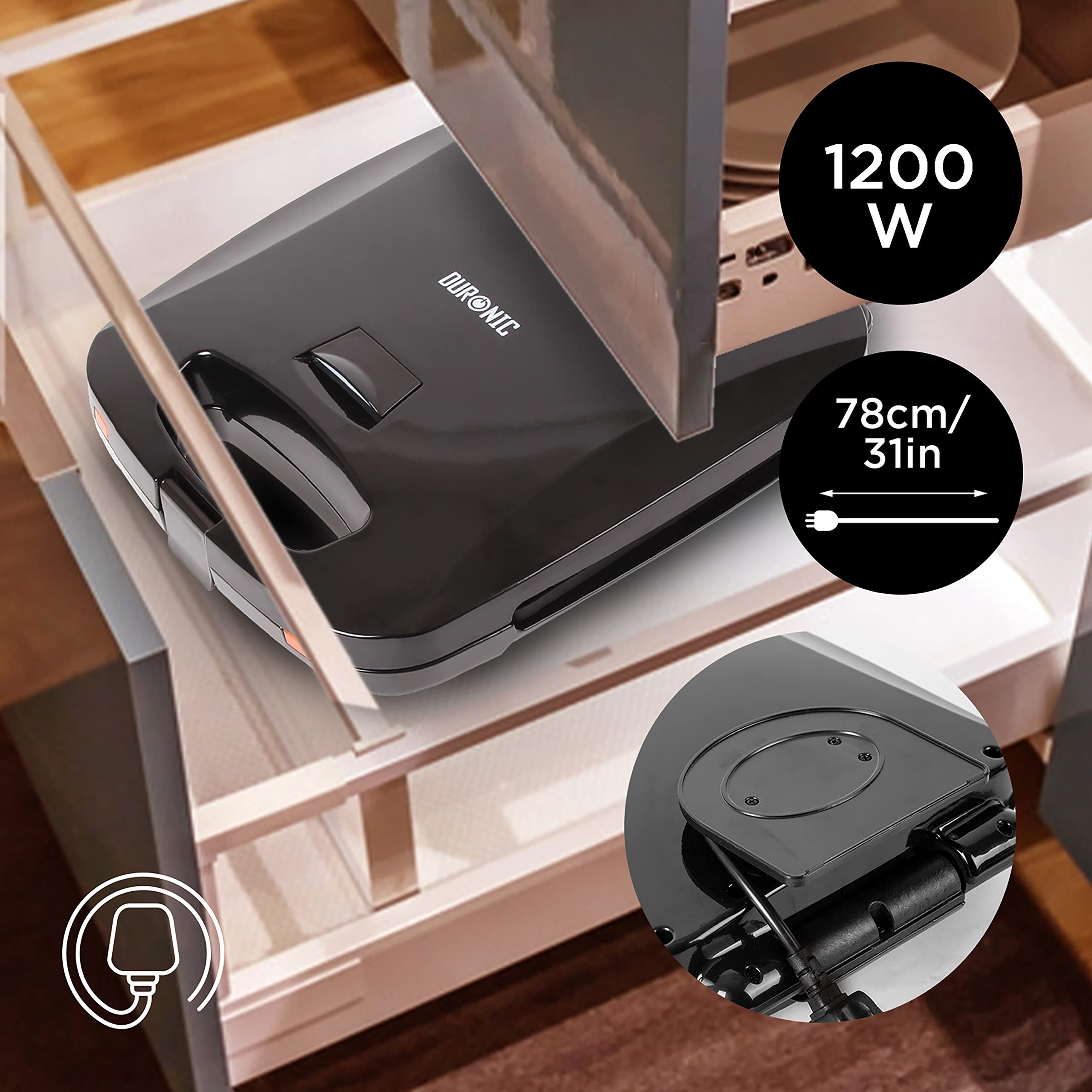Duronic SWM60 3 in 1 sandwich cooker showing wattage 1200W and length of cooking surface, also easy storage