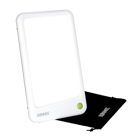 Duronic Sad Light Therapy Lamp Box with a glowing white screen, green button, and black pouch.