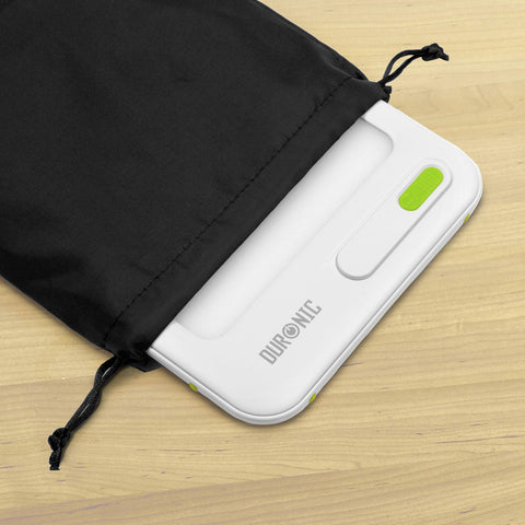 Duronic Sad Light Therapy Lamp Box with lime green switch sliding out of black drawstring bag.