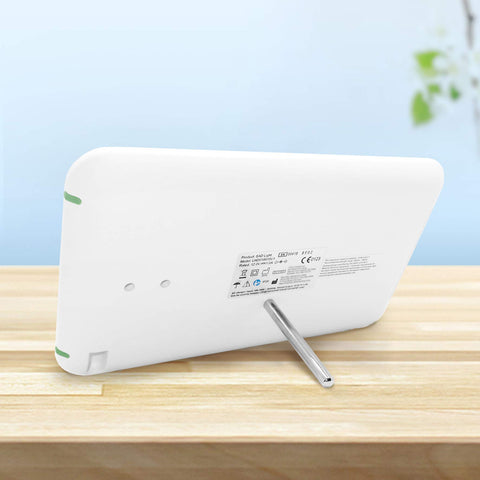 Duronic Sad Light Therapy Lamp Box with silver kickstand on wooden surface.