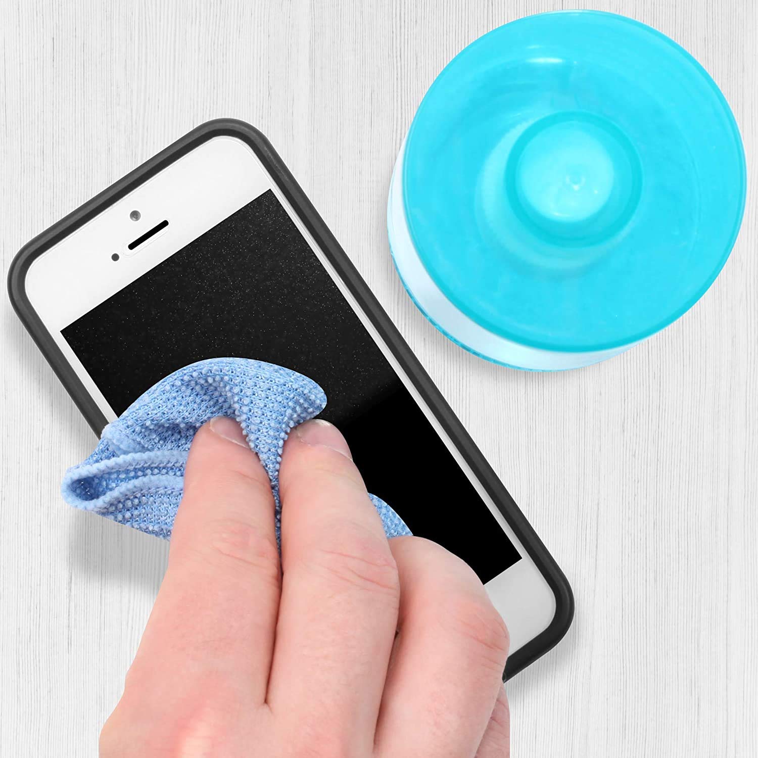 Duronic Screen Cleaner with a blue microfiber cloth next to a cleaning bottle.