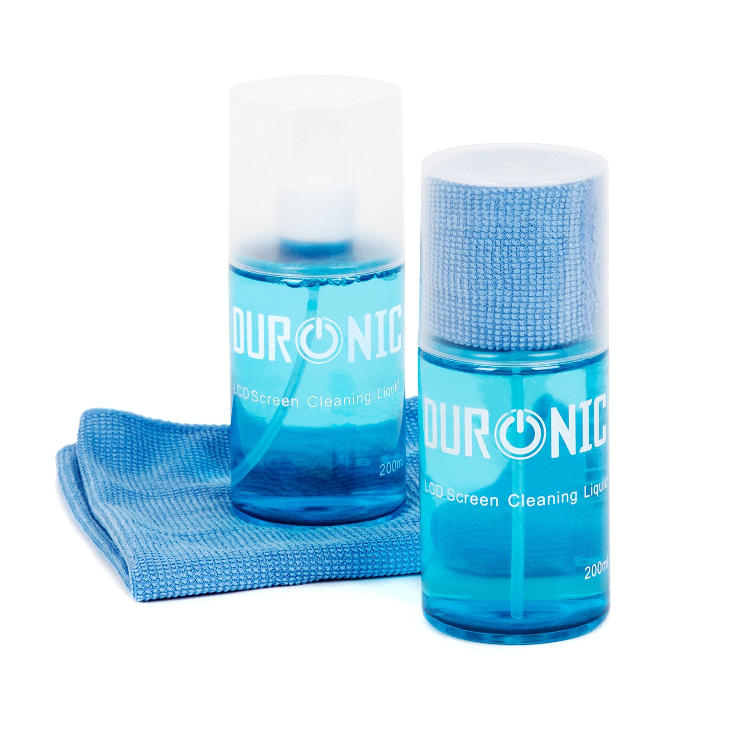 Duronic Screen Cleaner with blue microfiber cloths on white background.