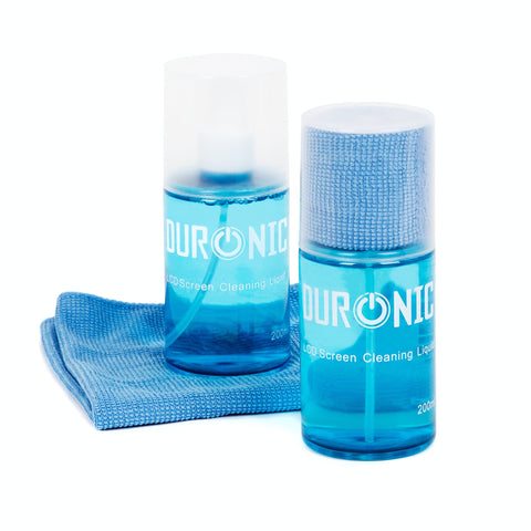 Duronic Screen Cleaner with blue microfiber cloths on white background.
