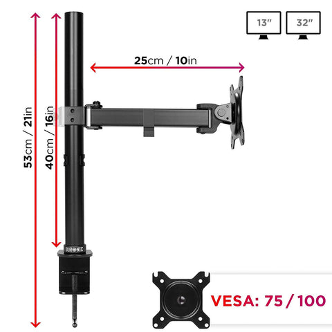 Duronic Single Monitor Arm Stand  showing physical dimensions, VESA compatibility, and screen sizes.