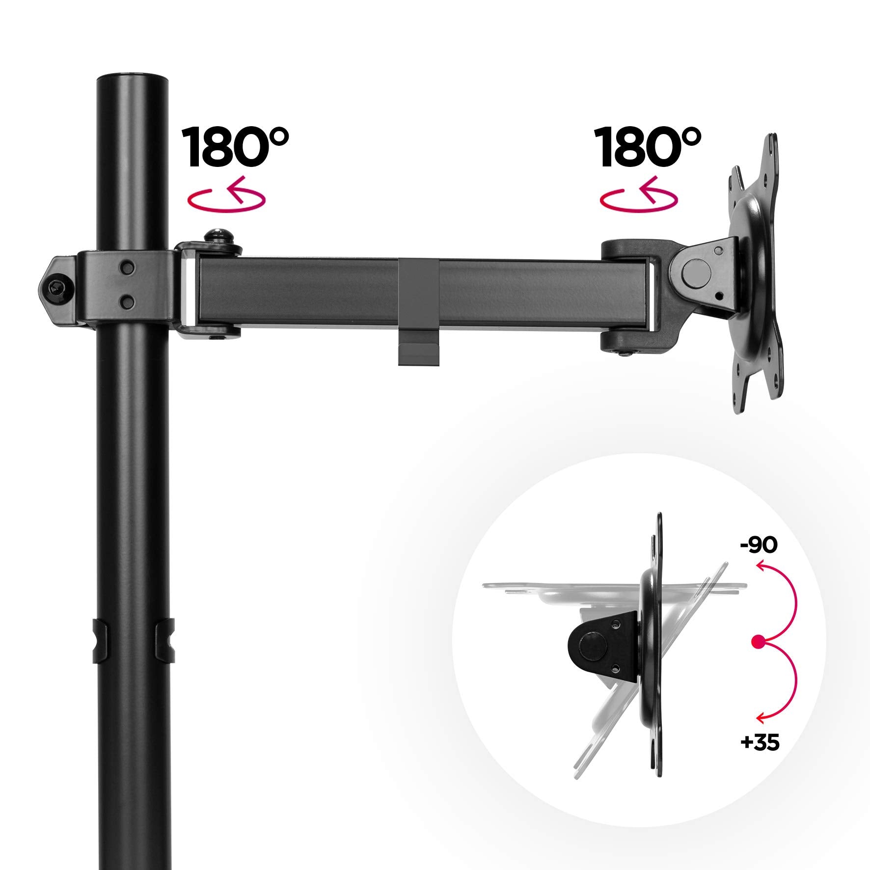 Duronic Single Monitor Arm Stand  showing swiveling hinges, tilting angles, and vertical support pole.