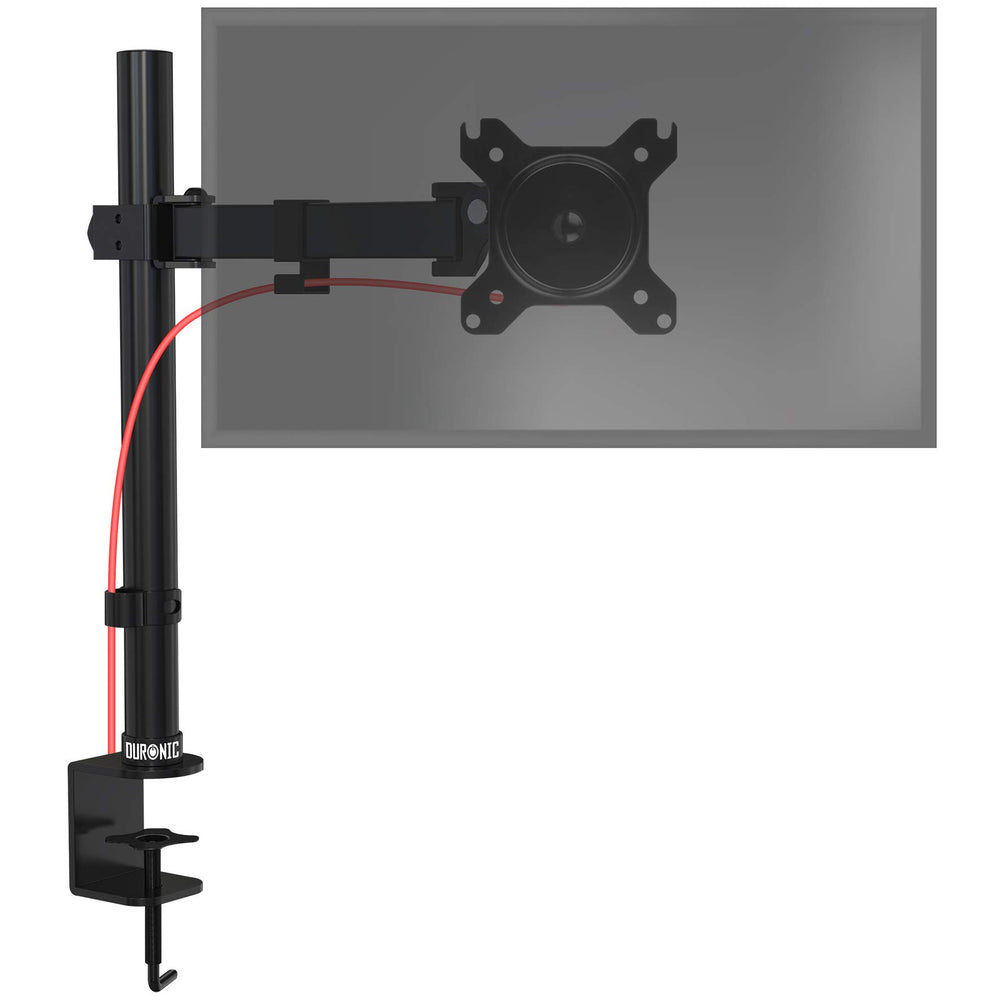 Duronic Single Monitor Arm Stand  with a desk clamp, adjustable arm, and attached red cable.