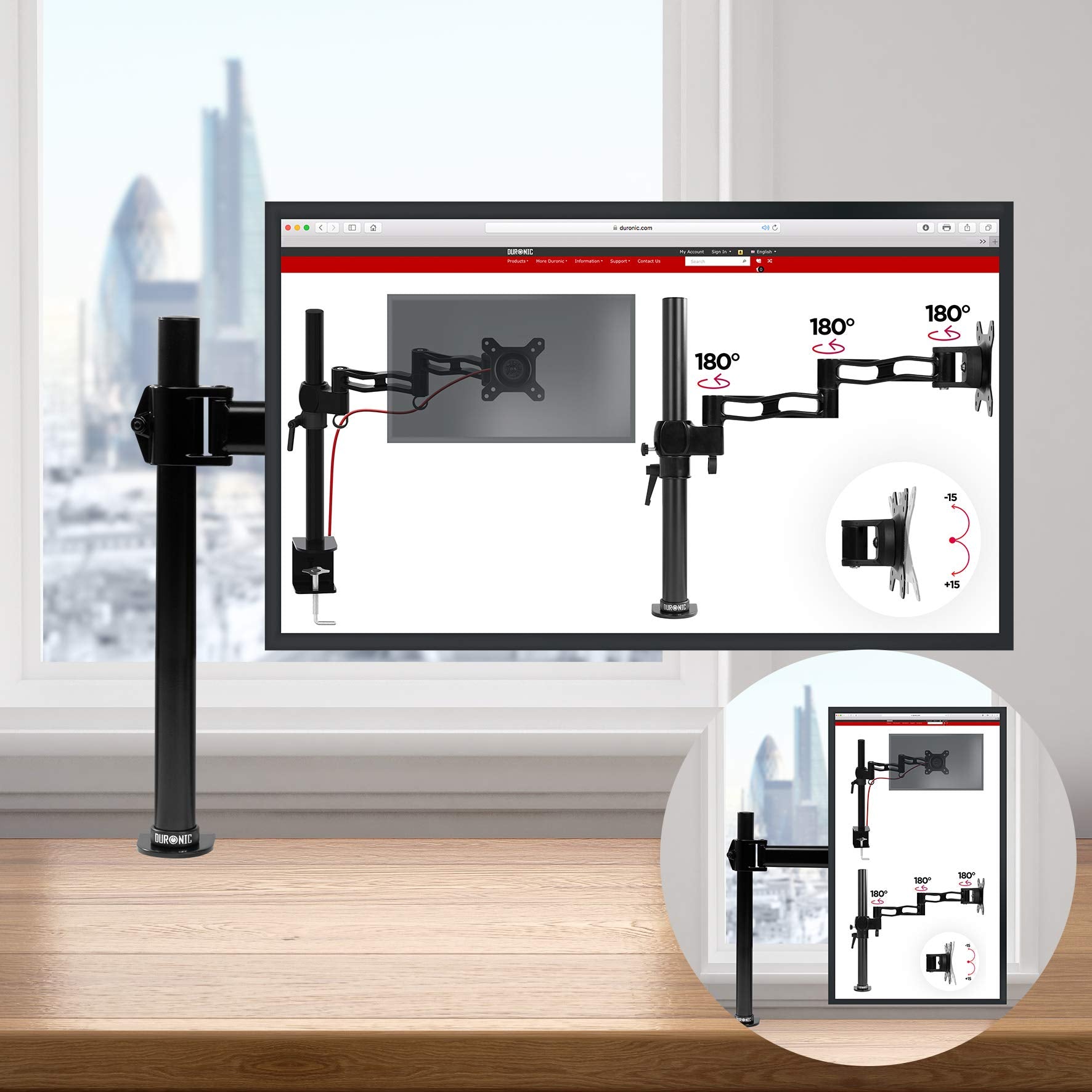 Duronic Single Monitor Arm displaying portrait and landscape rotation capabilities on a wooden desk.