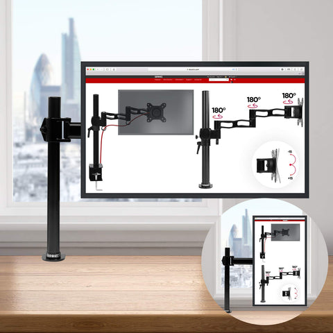 Duronic Single Monitor Arm displaying portrait and landscape rotation capabilities on a wooden desk.
