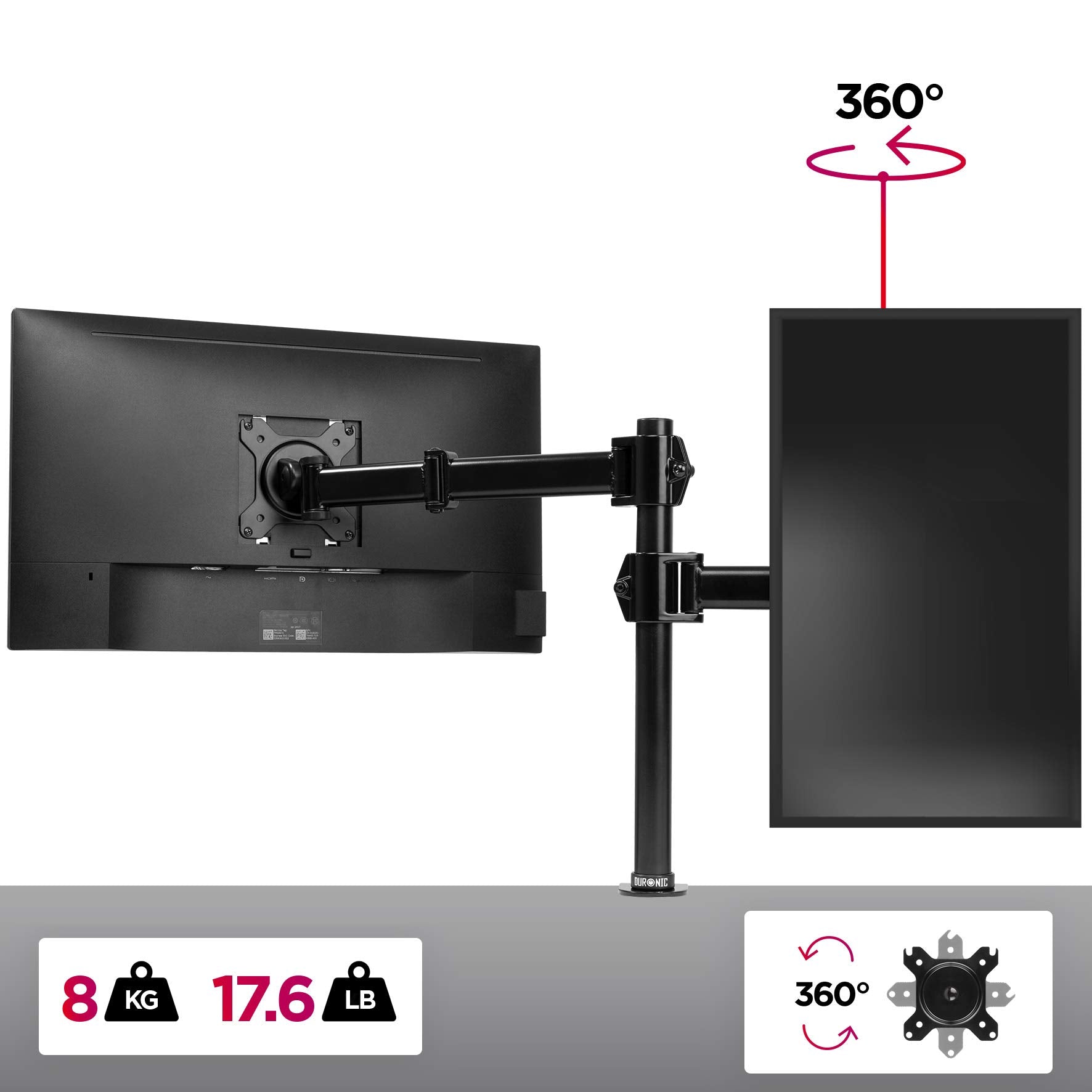 Duronic Single Monitor Arm holding one horizontal and one vertical screen, supporting 8kg weight.