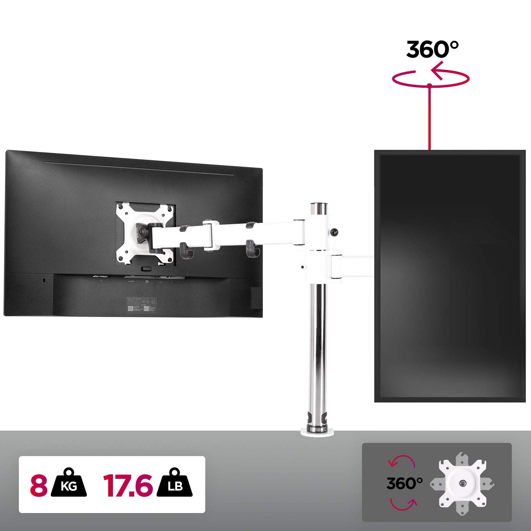 Duronic Single Monitor Arm holding two screens, 8kg capacity, 360-degree rotation, VESA compatible, desk clamp..