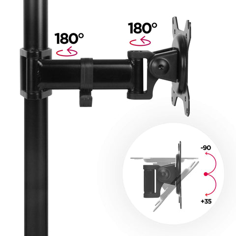 Duronic Single Monitor Arm showing 180-degree swivel joints and vertical tilt capabilities.