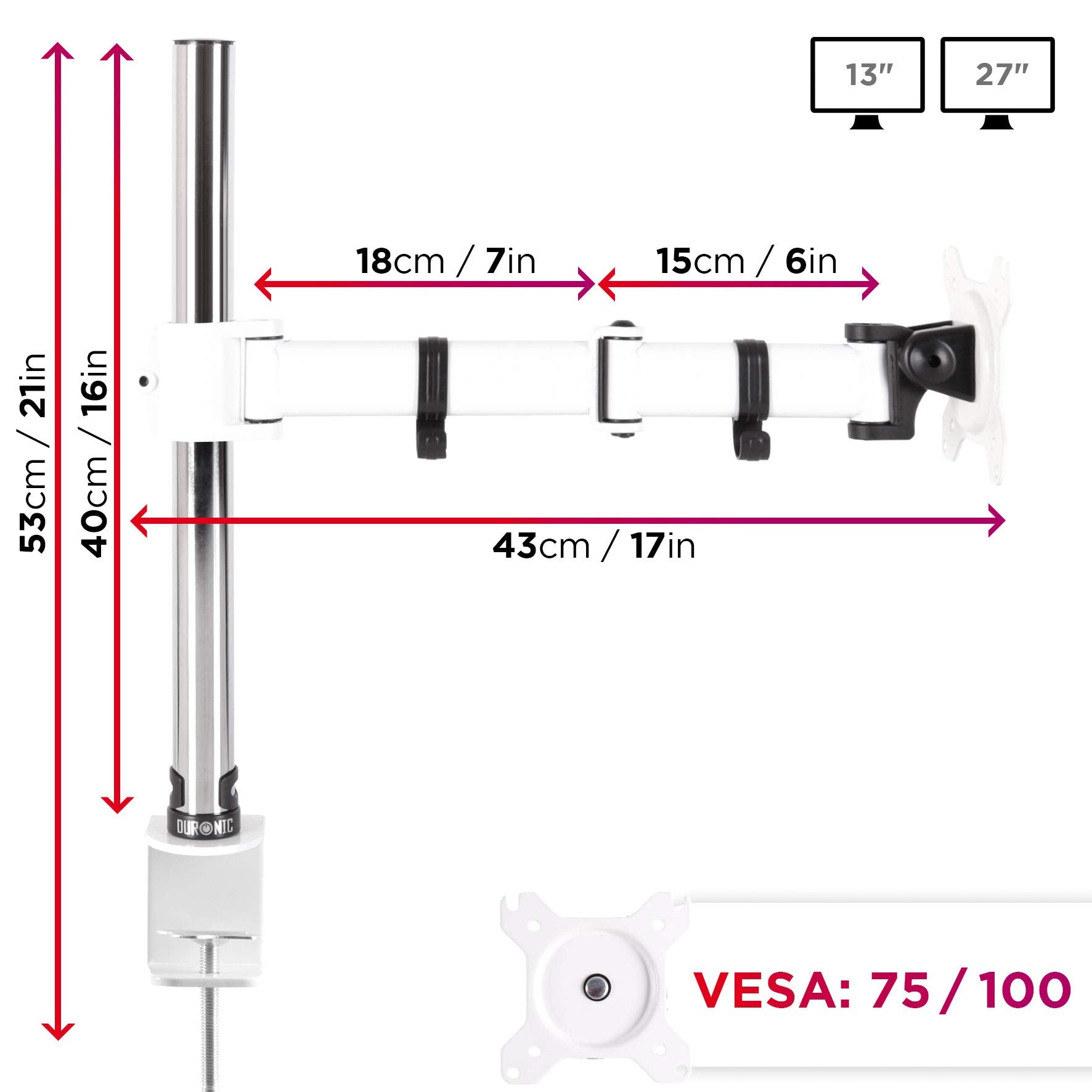 Duronic Single Monitor Arm showing adjustable arm lengths, 43cm reach, and 53cm pole height.