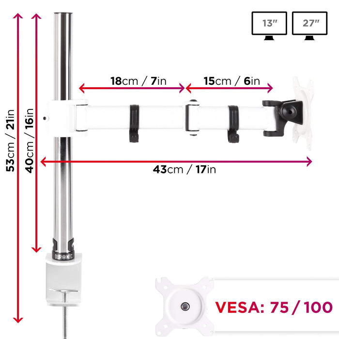 Duronic Single Monitor Arm showing adjustable arm lengths, 43cm reach, and 53cm pole height.