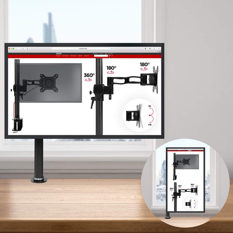 Duronic Single Monitor Arm showing landscape and portrait screen orientation options.