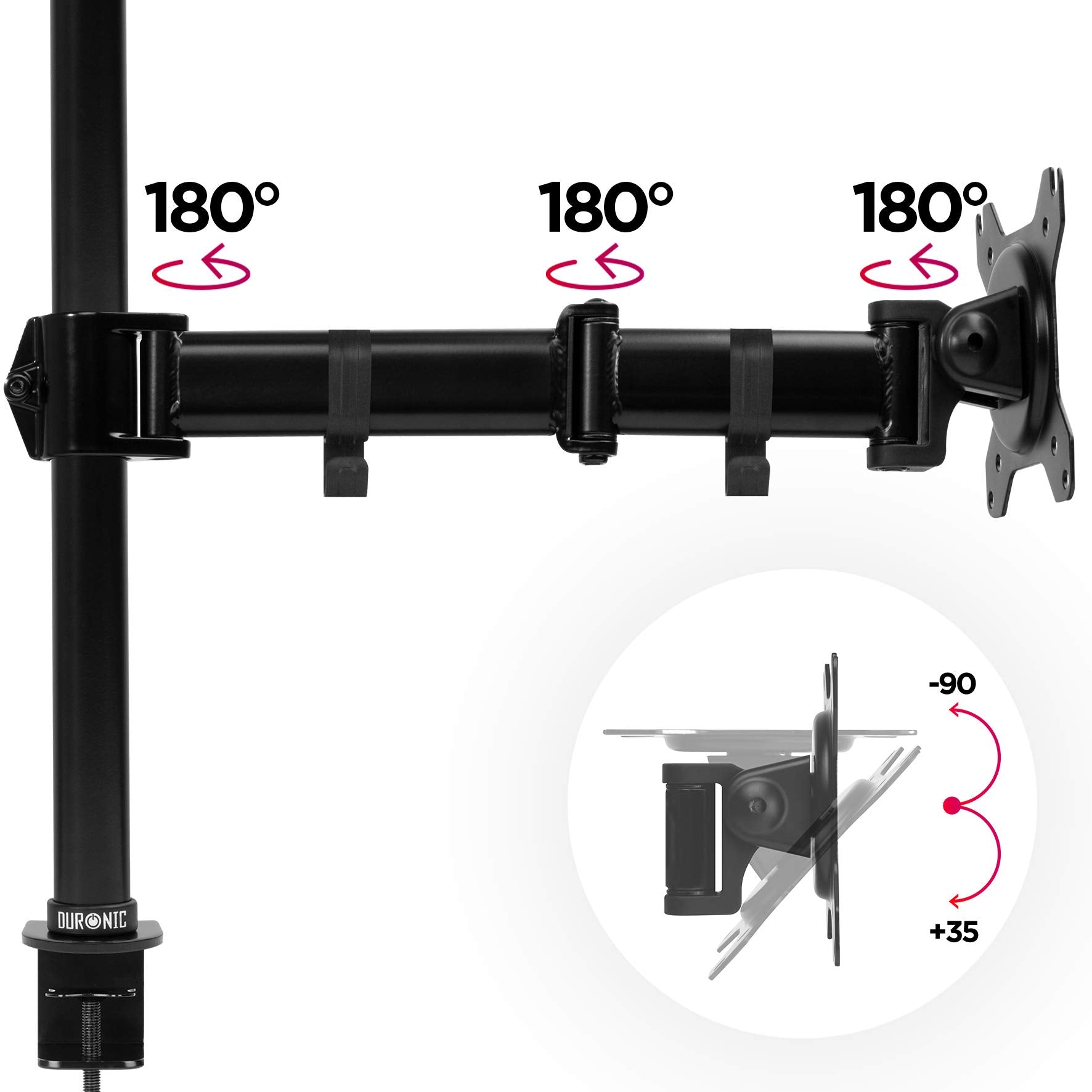 Duronic Single Monitor Arm showing three 180-degree swivel joints and vertical tilt adjustment.
