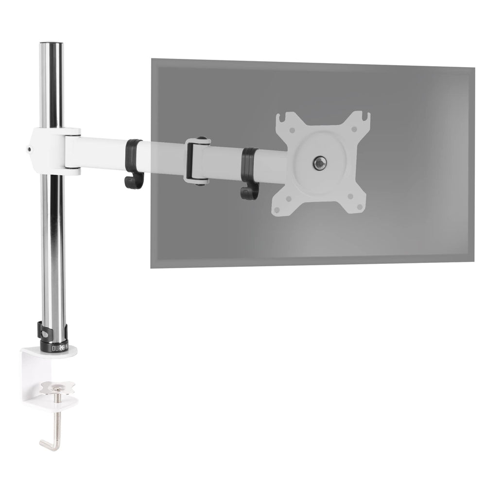 Duronic Single Monitor Arm with adjustable articulating arm and C-clamp in a sleek white finish.