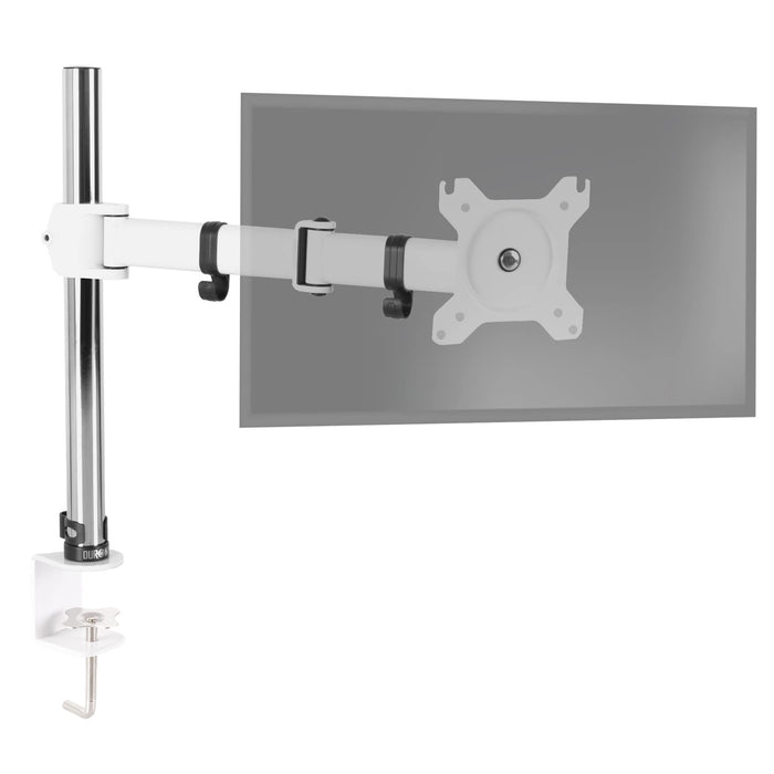 Duronic Single Monitor Arm with adjustable articulating arm and C-clamp in a sleek white finish.