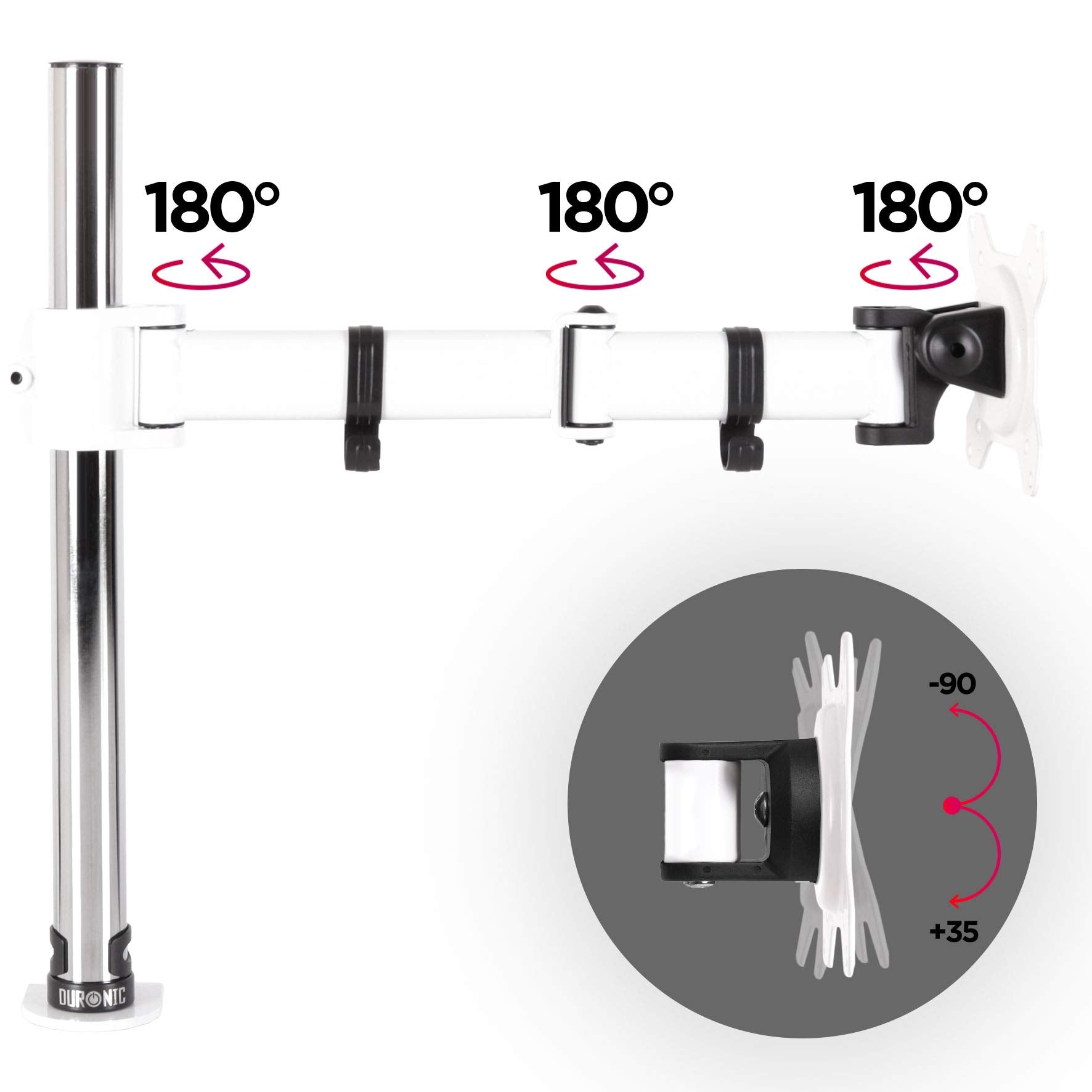 Duronic Single Monitor Arm with adjustable joints, 180-degree swivel, and -90 to +35 degree tilt.