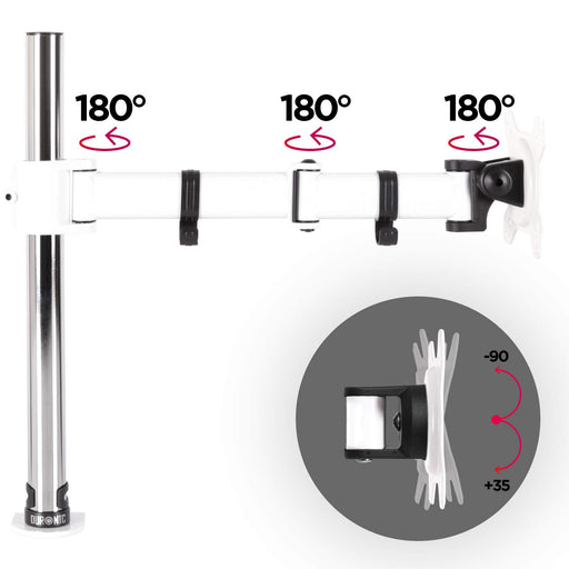 Duronic Single Monitor Arm with adjustable joints, 180-degree swivel, and -90 to +35 degree tilt.