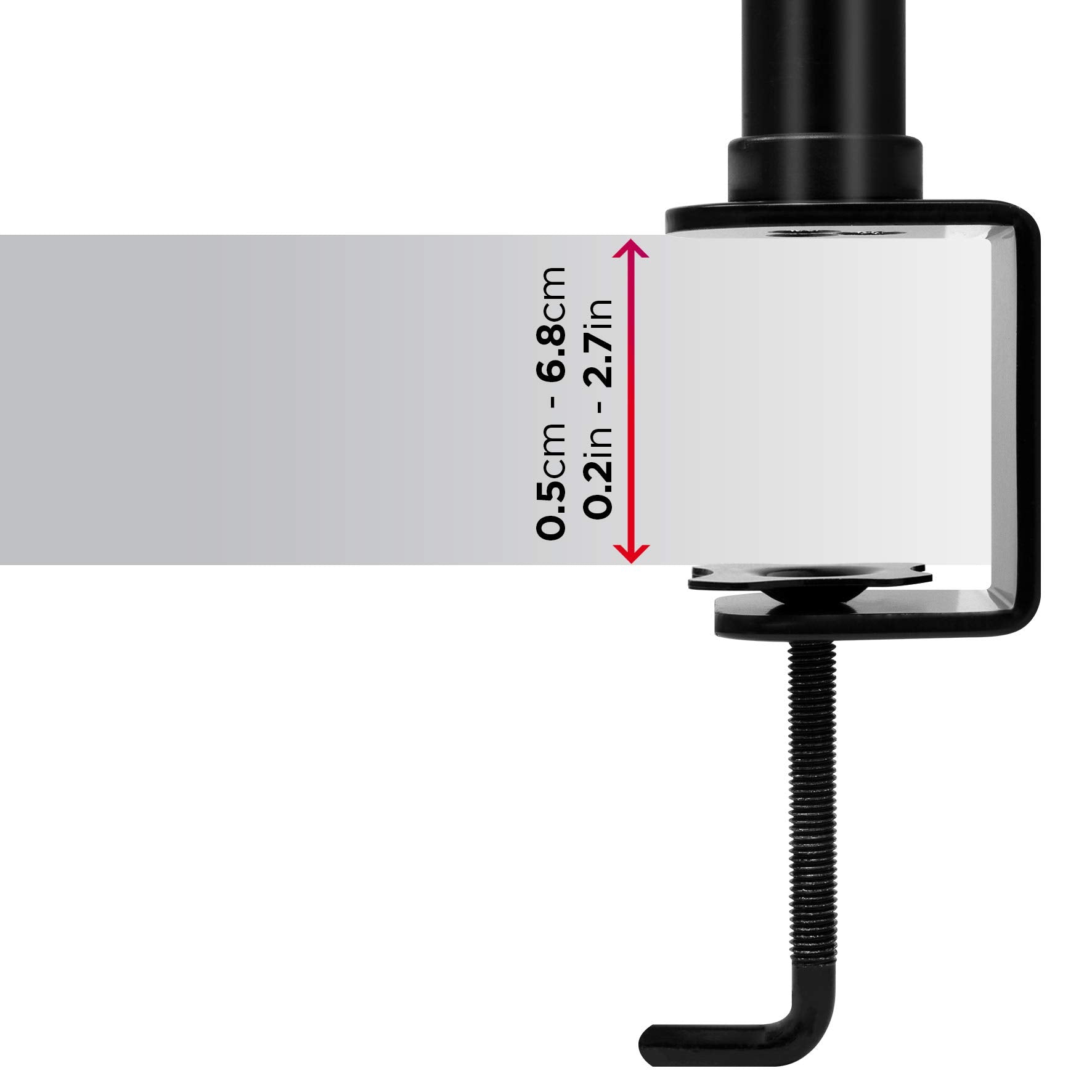 Duronic Single Monitor Arm with adjustable screw fitting table thicknesses from 0.5cm to 6.8cm.