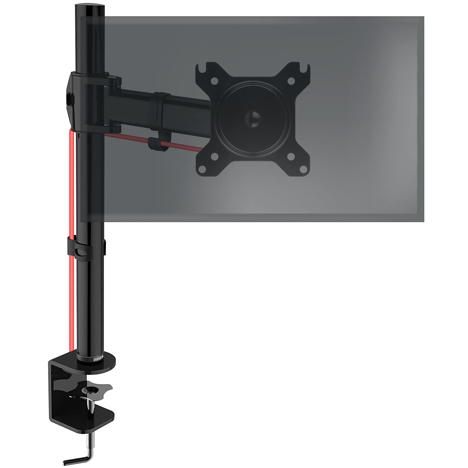 Duronic Single Monitor Arm with clamp base and VESA plate holding transparent screen.
