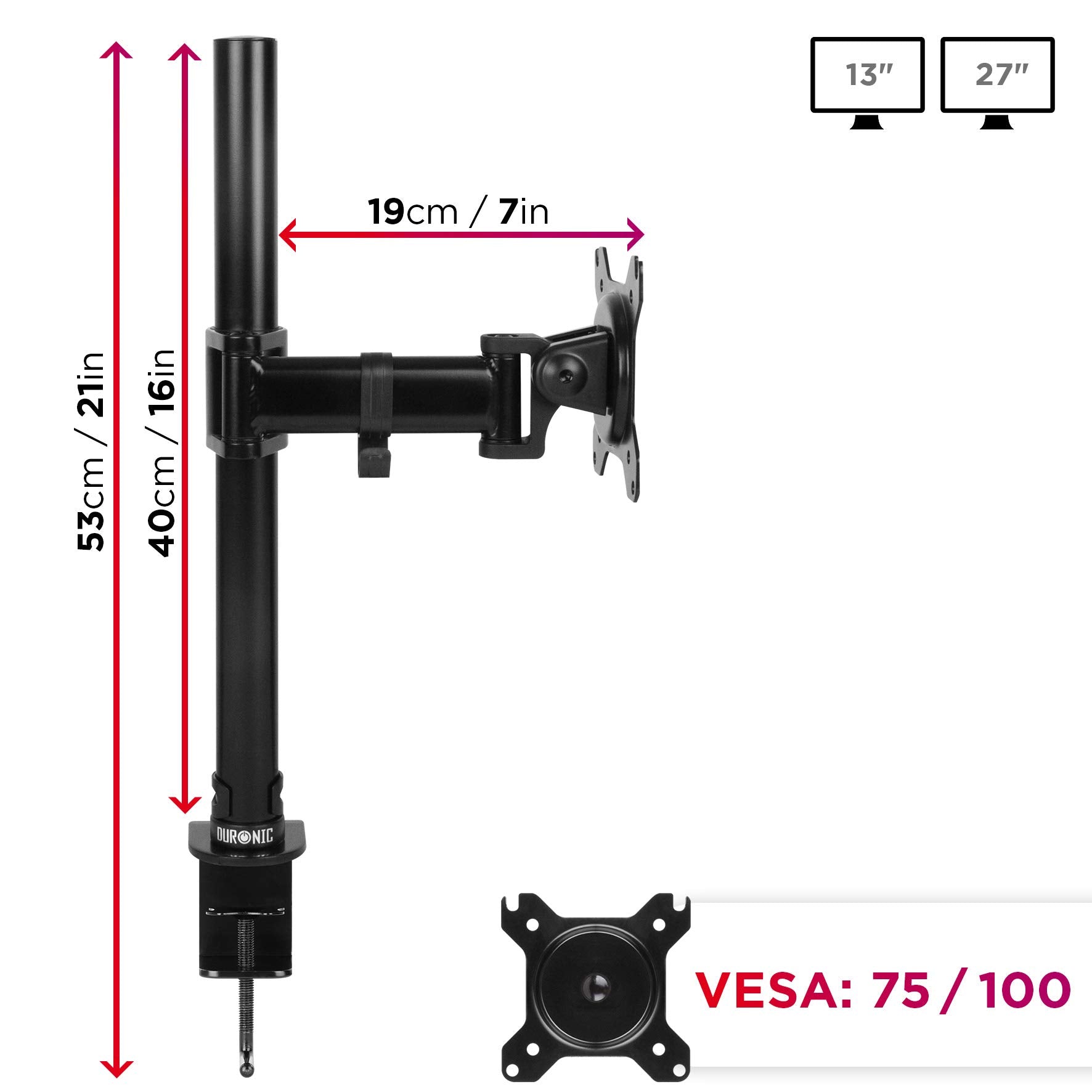 Duronic Single Monitor Arm with measurements, VESA 75/100 compatibility, and adjustable arm.