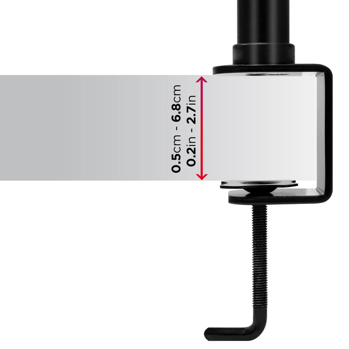 Duronic Single Monitor Stand showing a mounting thickness range from 0.5cm to 6.8cm for various tabletops.