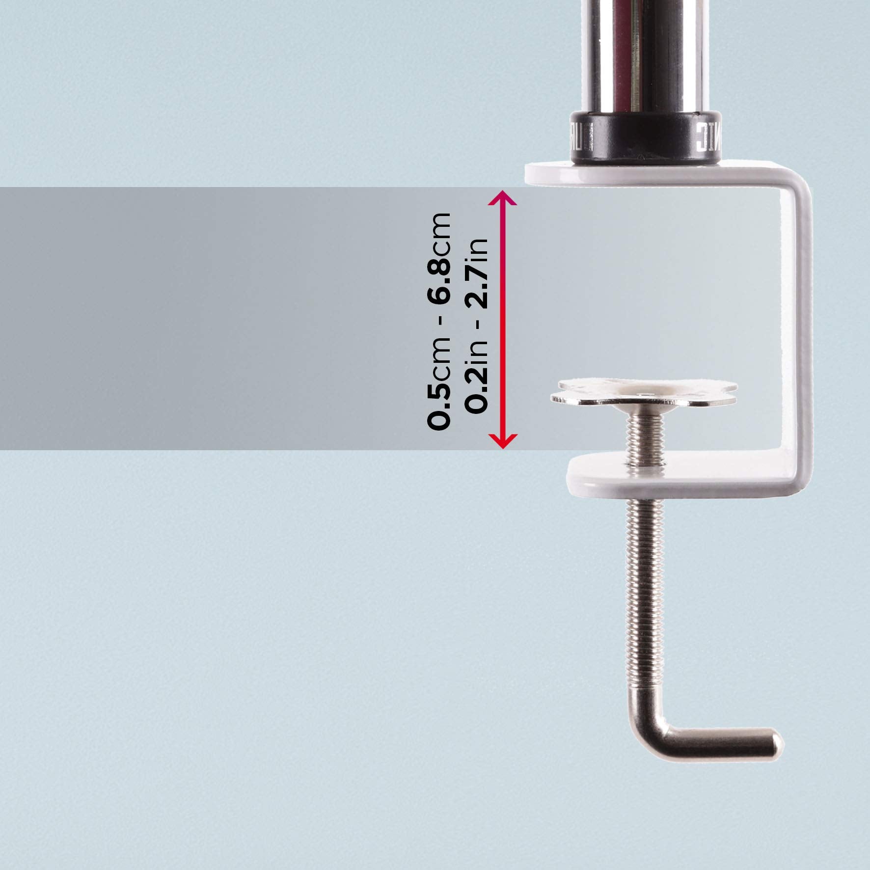Duronic Single Monitor Stand showing adjustable thickness range of 0.5cm to 6.8cm (0.2in to 2.7in).