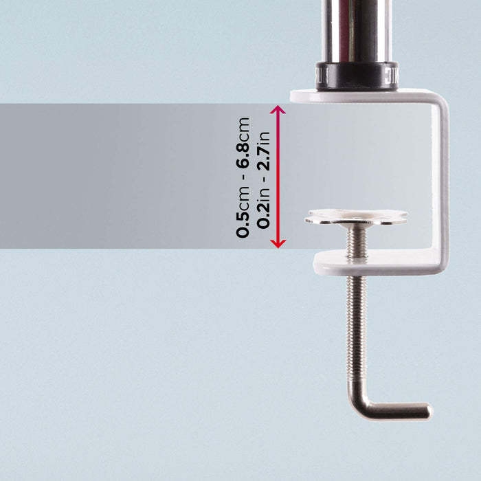 Duronic Single Monitor Stand showing adjustable thickness range of 0.5cm to 6.8cm (0.2in to 2.7in).