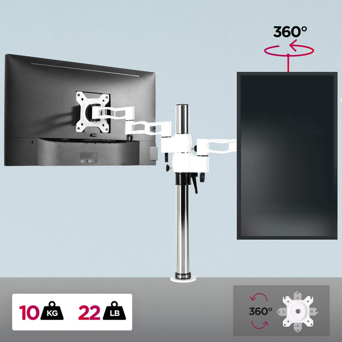 Duronic Single Monitor Stand with 360-degree rotation, supporting up to 10kg/22lb screens for home offices.