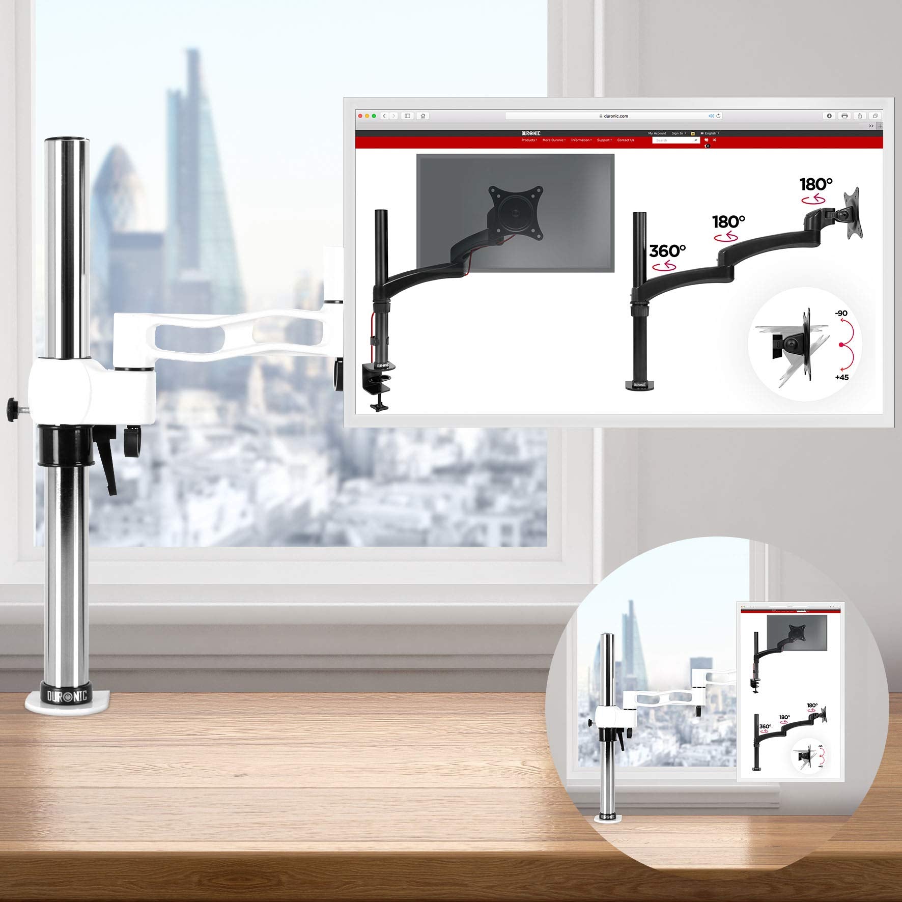 Duronic Single Monitor Stand with a flexible arm, displaying swivel rotation angles and tilt capabilities.
