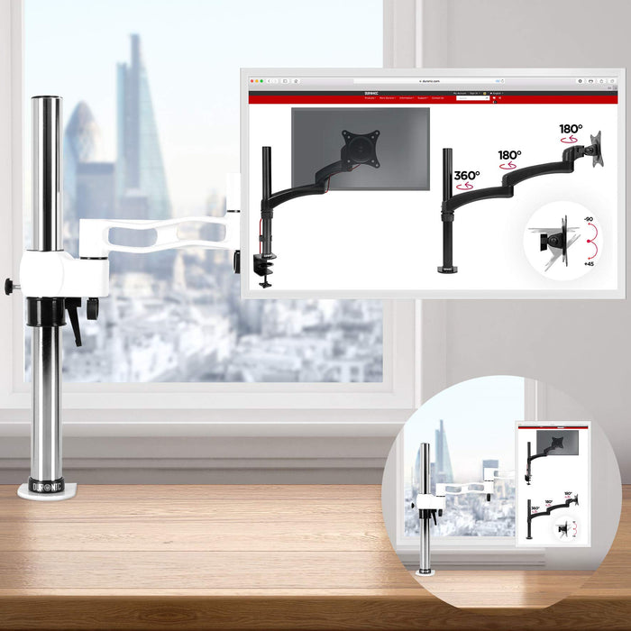 Duronic Single Monitor Stand with a flexible arm, displaying swivel rotation angles and tilt capabilities.