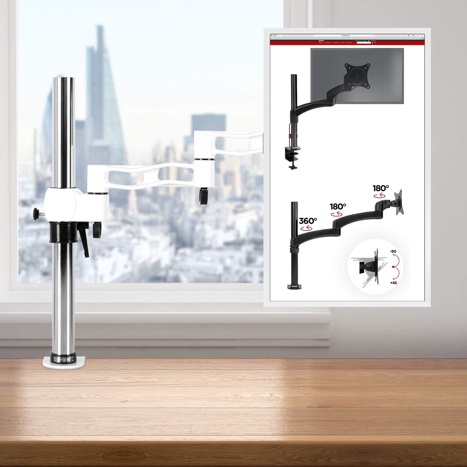 Duronic Single Monitor Stand with adjustable arm and 360-degree rotation capabilities.
