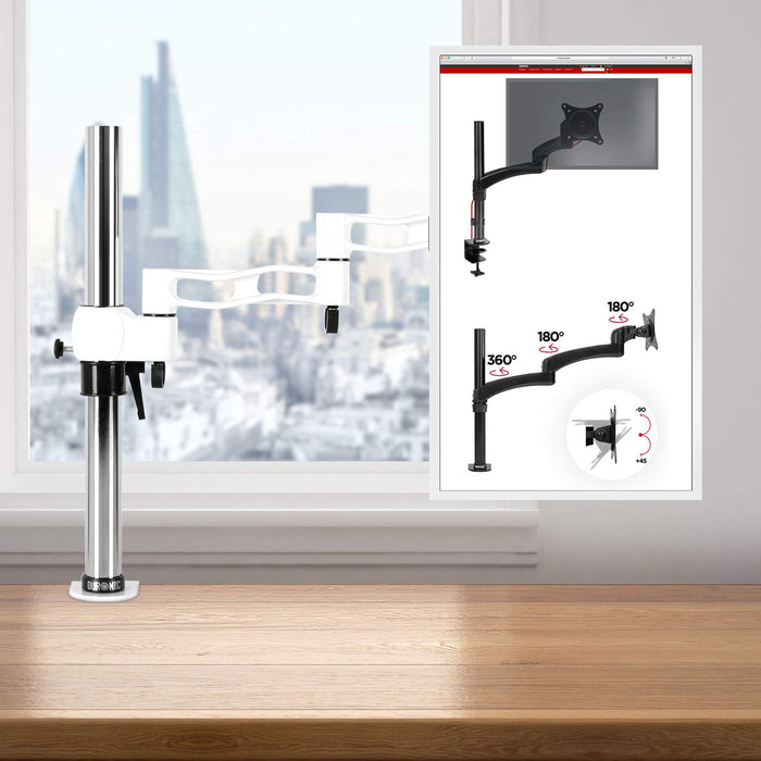 Duronic Single Monitor Stand with adjustable arm and 360-degree rotation capabilities.
