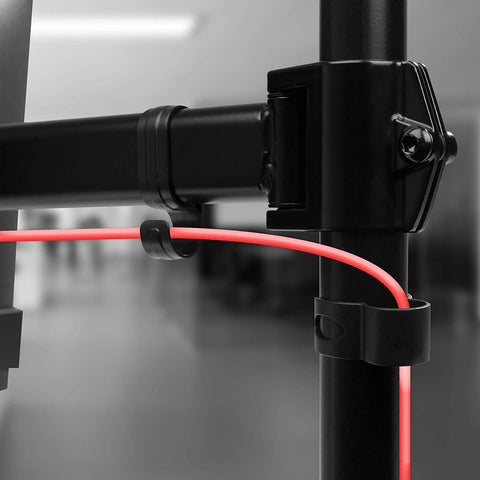 Duronic Single Monitor Stand with integrated cable clips routing a bright pink cord neatly down.