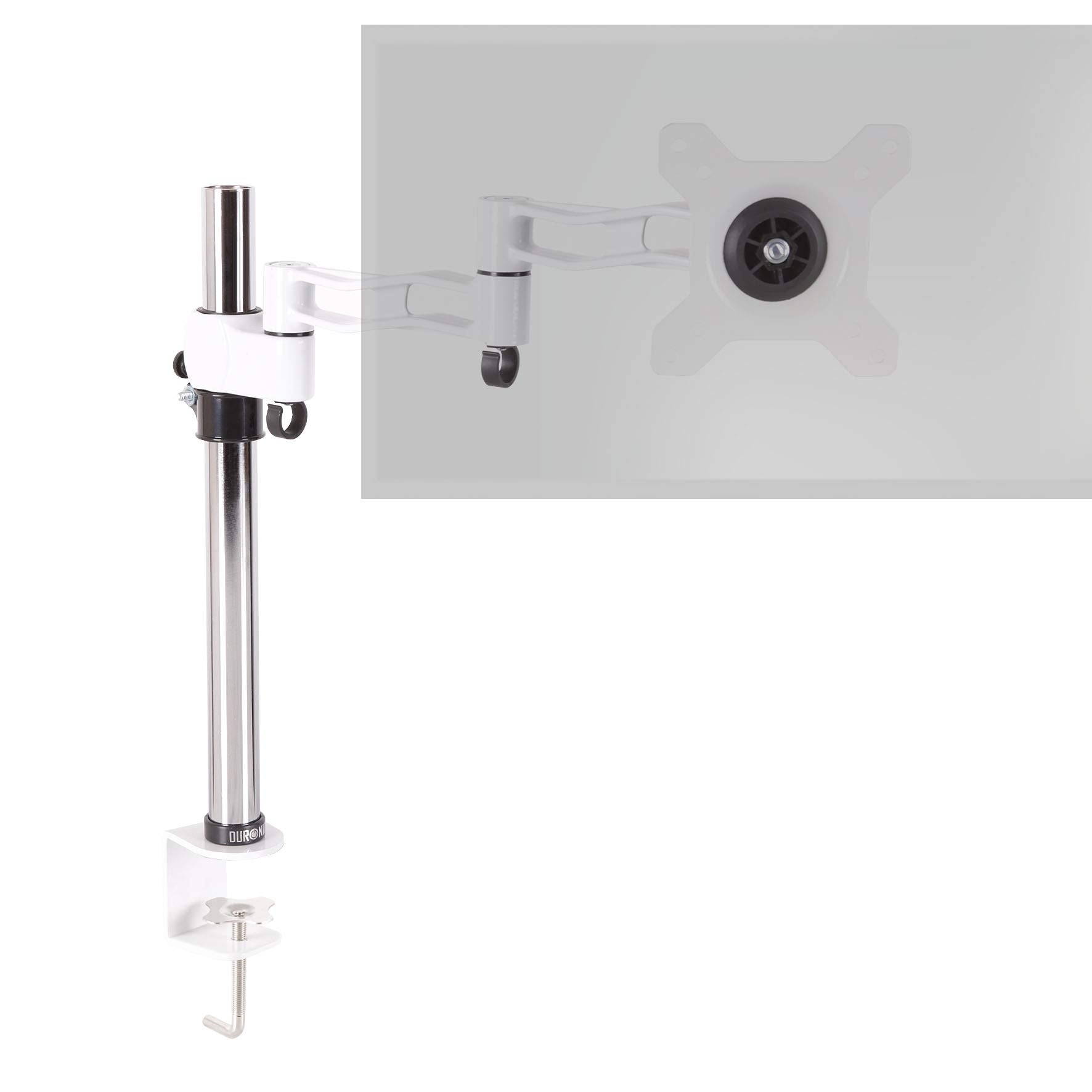 Duronic Single Monitor Stand with silver pole, white articulating arm, and C-clamp base attachment.
