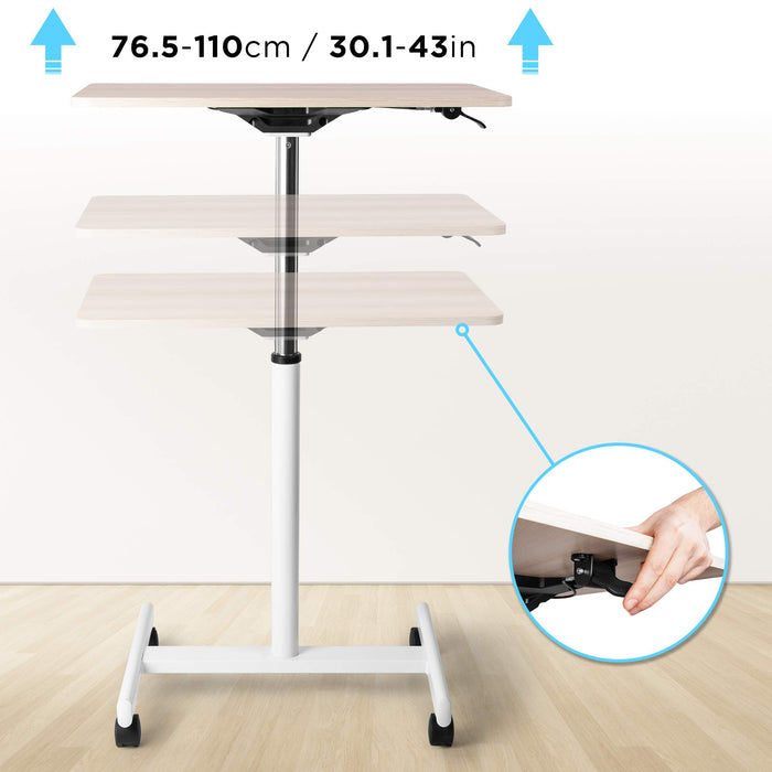Duronic Sit-Stand Desk WPS67 with a light wood top and white frame, showing a height range of 76.5-110cm (30.1-43in) and a close-up of the easy-to-use adjustment lever.