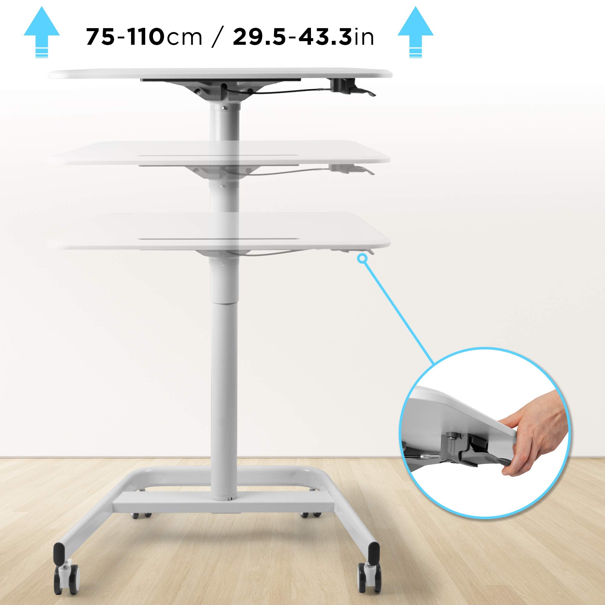 Duronic Sit-Stand Desk featuring a gas spring lever and a 29.5-to-43.3-inch range.