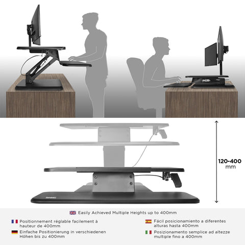 Duronic Sit-Stand Desk featuring a height range of 120mm to 400mm for ergonomic office use.