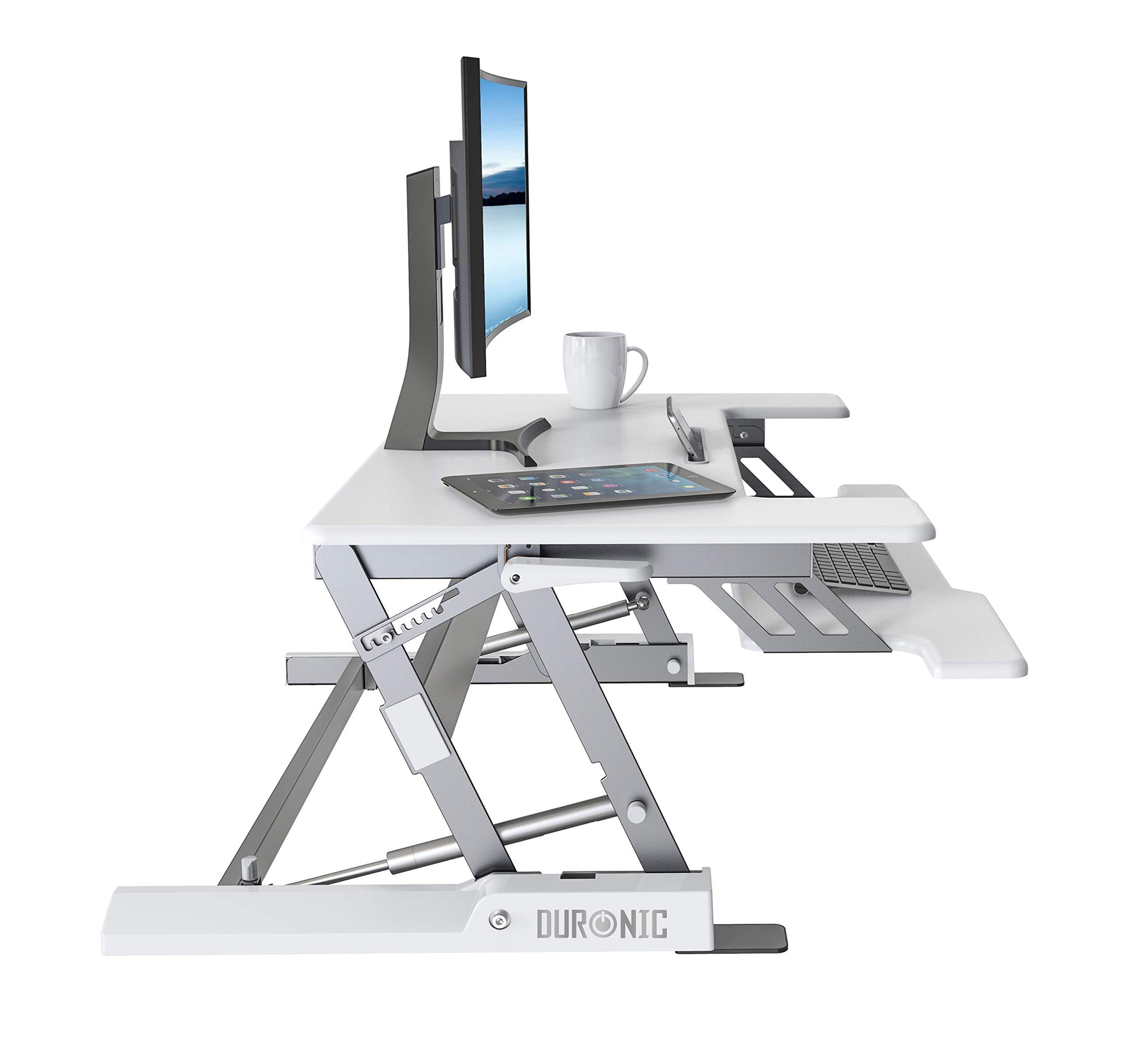 Duronic Sit-Stand Desk featuring a monitor, tablet, and keyboard tray.