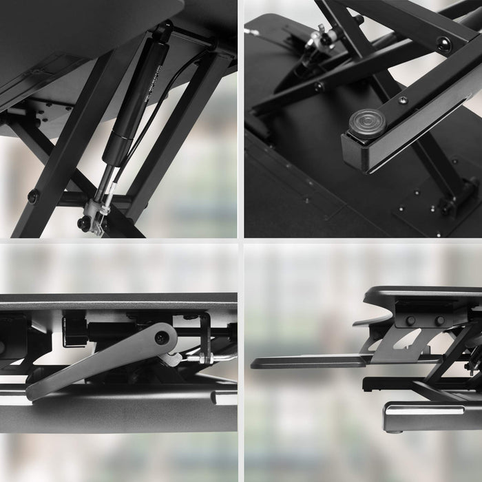 Duronic Sit-Stand Desk highlighting the gas spring, sturdy frame, lever, and dual-tier design of a desk converter.