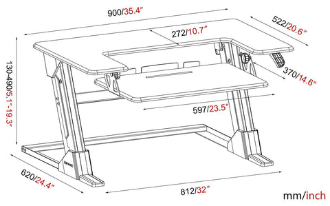 Duronic Sit-Stand Desk in a technical diagram, showing full metric and imperial dimensions.