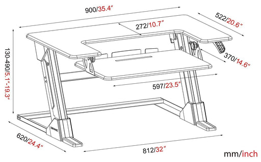 Duronic Sit-Stand Desk in a technical diagram, showing full metric and imperial dimensions.