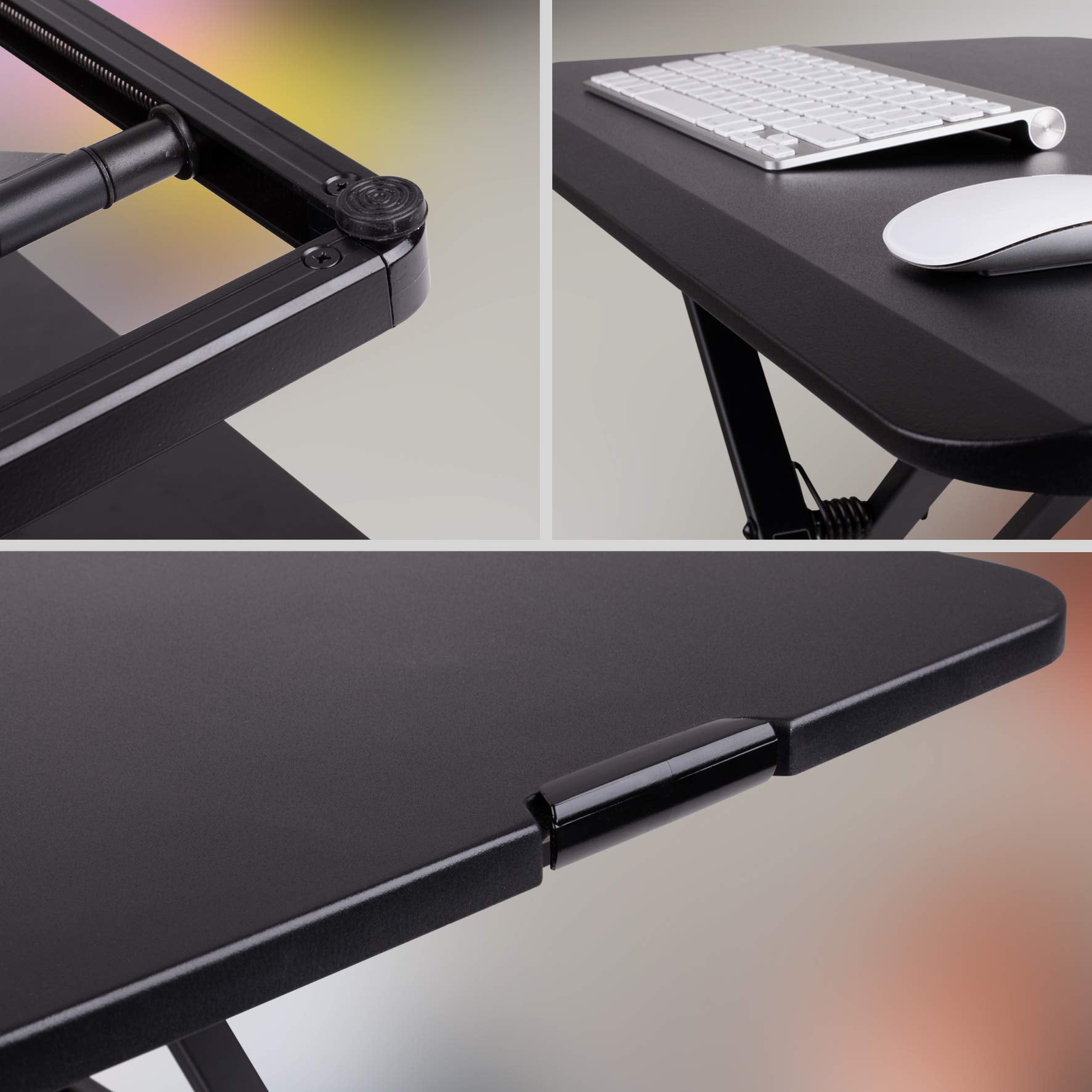 Duronic Sit-Stand Desk showing a black height-adjustable standing desk converter with a keyboard and mouse.