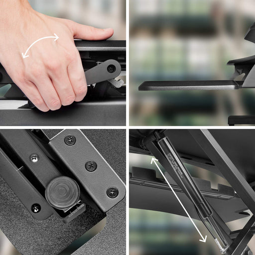 Duronic Sit-Stand Desk showing a standing desk converter's lever, keyboard tray, screws, and gas spring.
