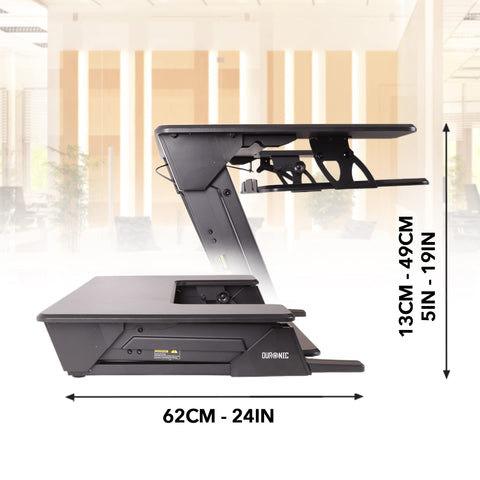 Duronic Sit-Stand Desk showing collapsed 62cm depth and fully extended 13cm to 49cm height.