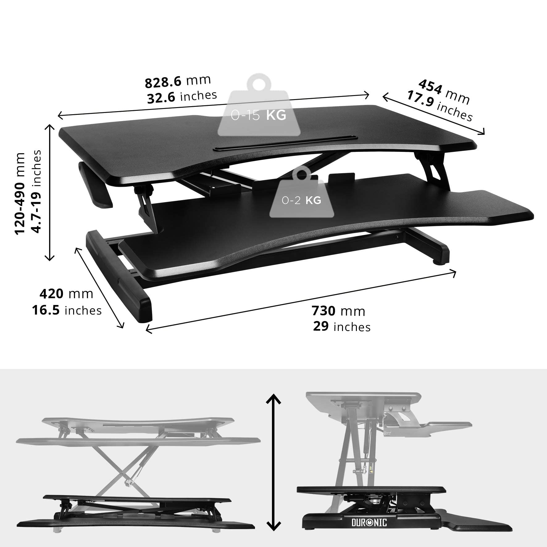 Duronic Sit-Stand Desk showing dimensions and weight capacities for top and keyboard tiers.