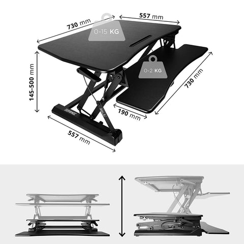 Duronic Sit-Stand Desk showing dimensions and weight capacities of an adjustable standing desk converter.