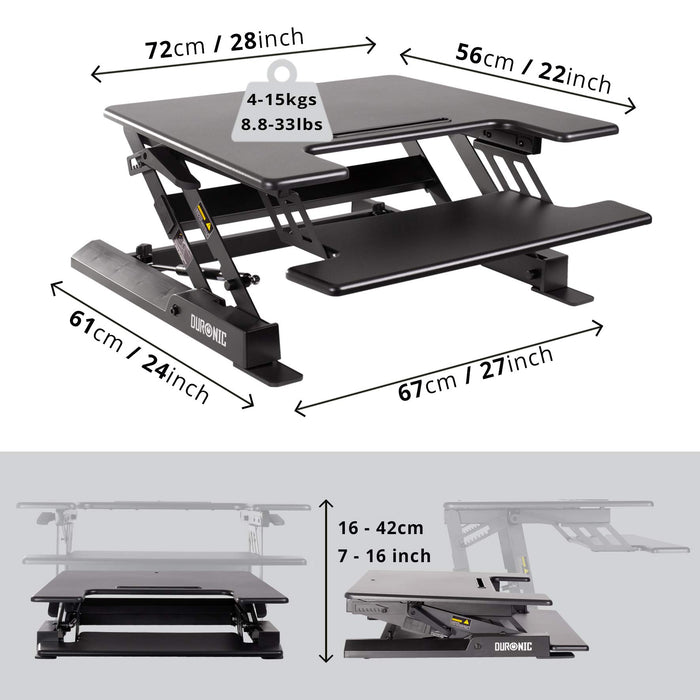 Duronic Sit-Stand Desk showing dimensions in centimeters and inches with weight capacity.